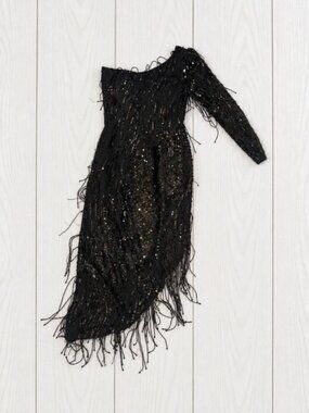 Vintage Niteline Women’s Black One-Shoulder Sequin Beaded Fringe Dress 8